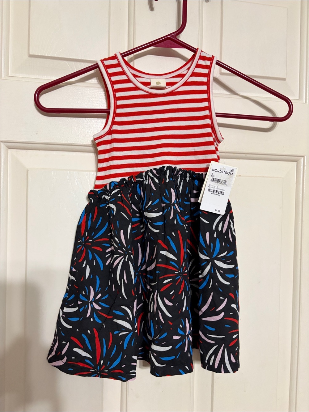 Nordstrom Girls Red and Black Stripe Tank Dress with Firework Print